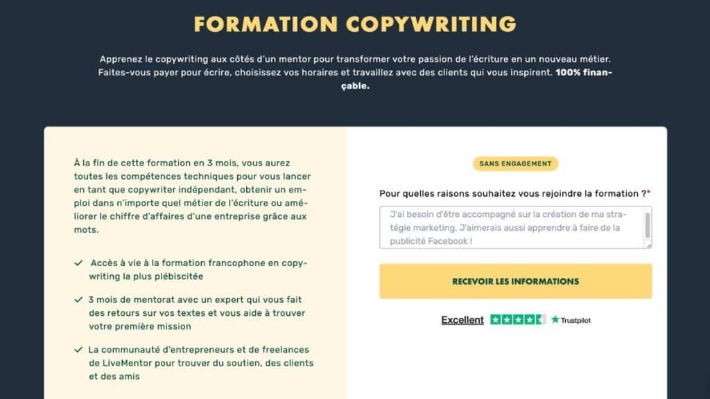 Page d'accueil programme formation copywriting livementor avec présentation du programme 3 mois et financement CPF