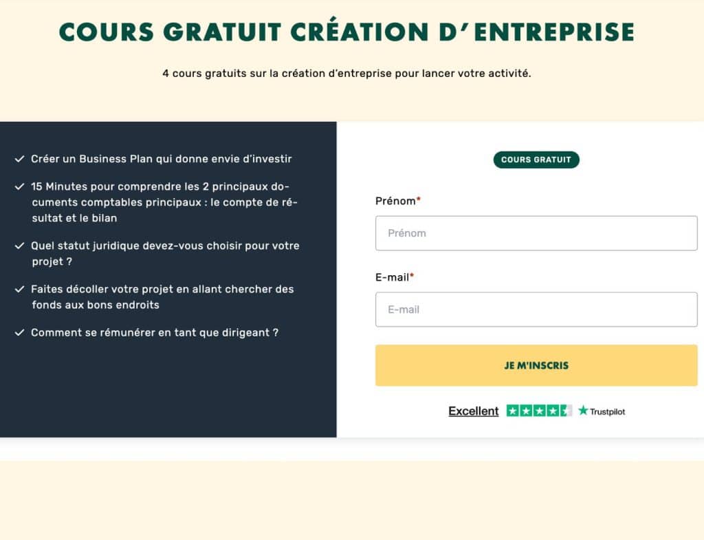 Page d'inscription au cours gratuit LiveMentor sur le business plan pour créer son entreprise, avec formulaire prénom et e-mail
