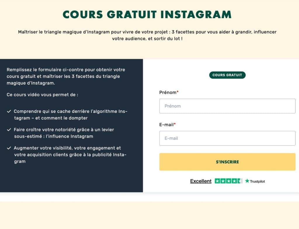 Page d’inscription au cours Instagram gratuit LiveMentor sur l’algorithme, l’influence et la publicité Instagram