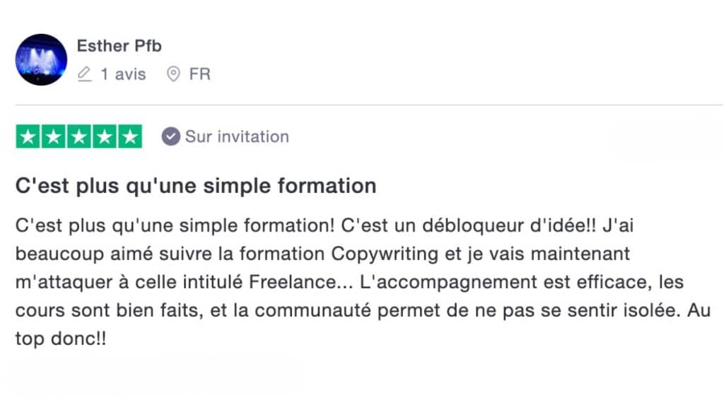 Avis Trustpilot 5 étoiles d'une élève sur la formation Copywriting LiveMentor