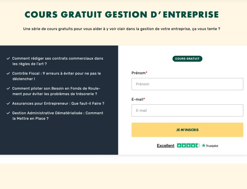Page d'inscription au cours gratuit LiveMentor sur les erreurs de gestion d'entreprise à éviter, avec formulaire prénom et e-mail
