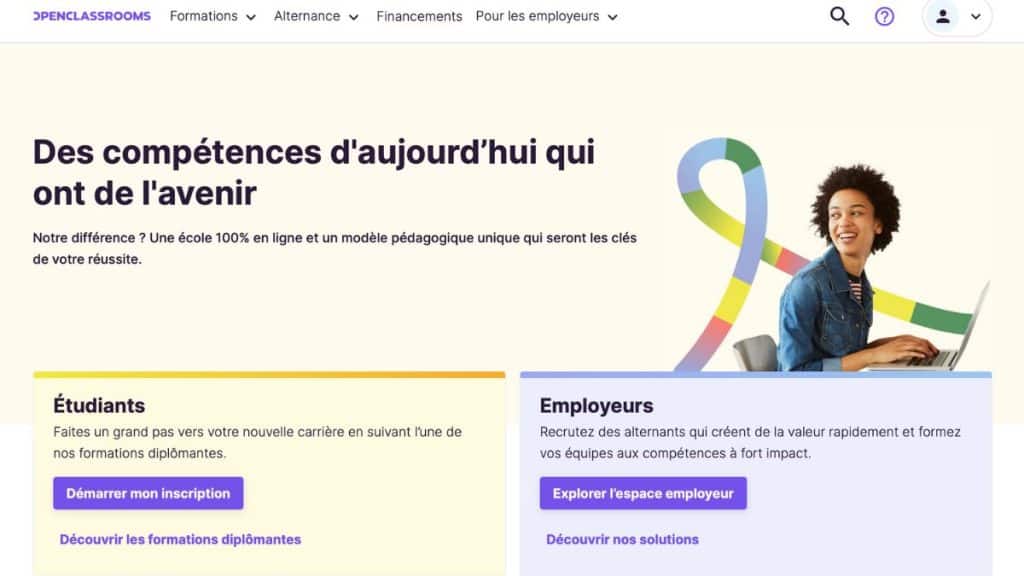 Page d’accueil d’OpenClassrooms présentant ses formations diplômantes en ligne destinées aux étudiants et aux professionnels.