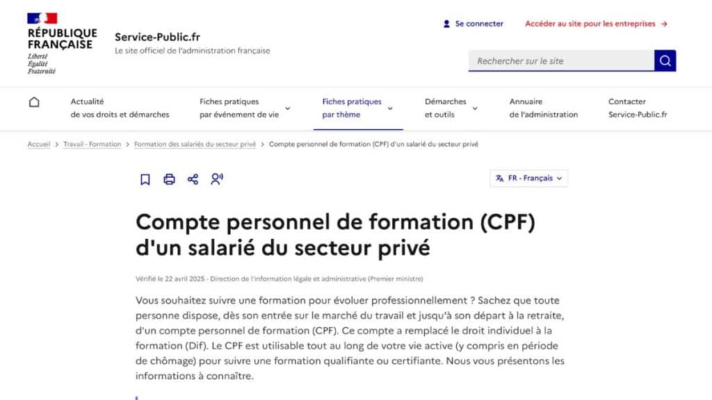 Page officielle Service-Public.fr sur le Compte Personnel de Formation (CPF) d'un salarié du secteur privé