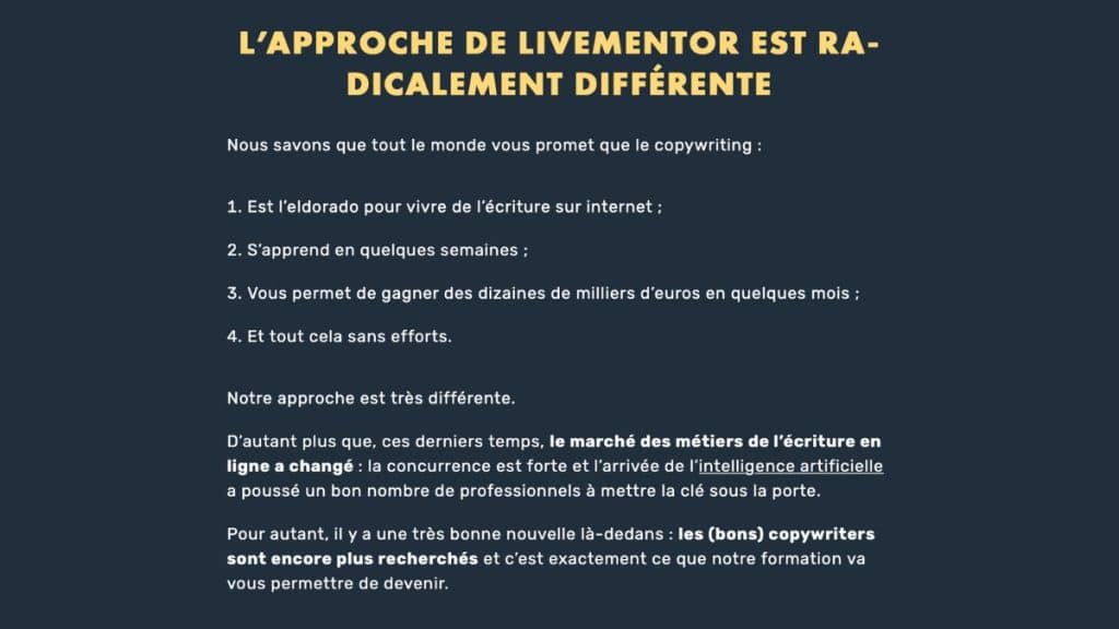 Meilleure formation copywriting : l'approche LiveMentor diffère des promesses irréalistes du marché