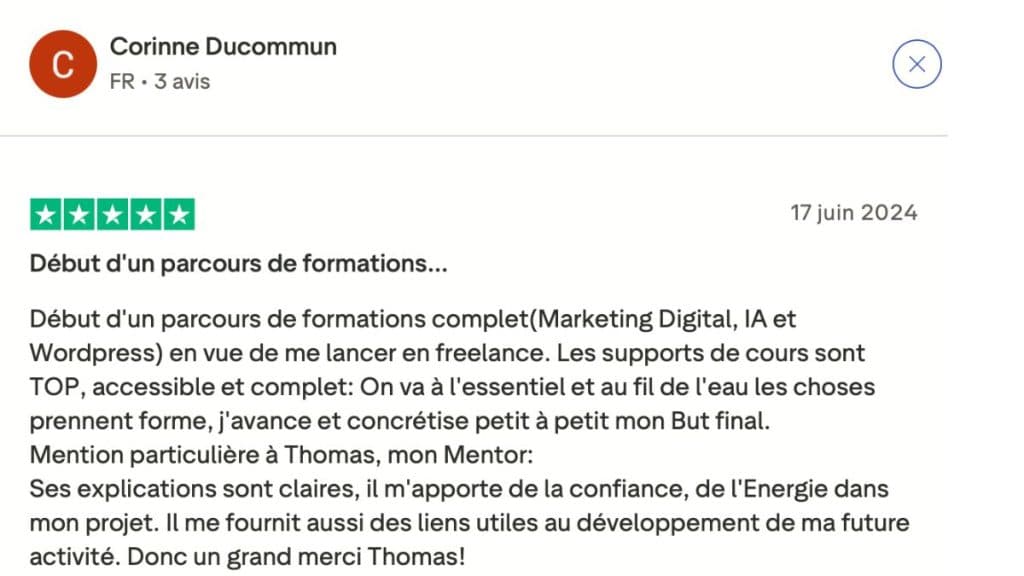 avis client formation marketing digital livementor trustpilot