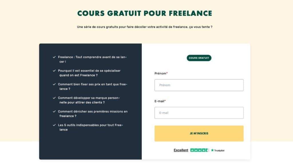 Page d’inscription au cours freelance gratuit LiveMentor avec formulaire et présentation des 6 leçons sur le lancement d’une activité freelance
