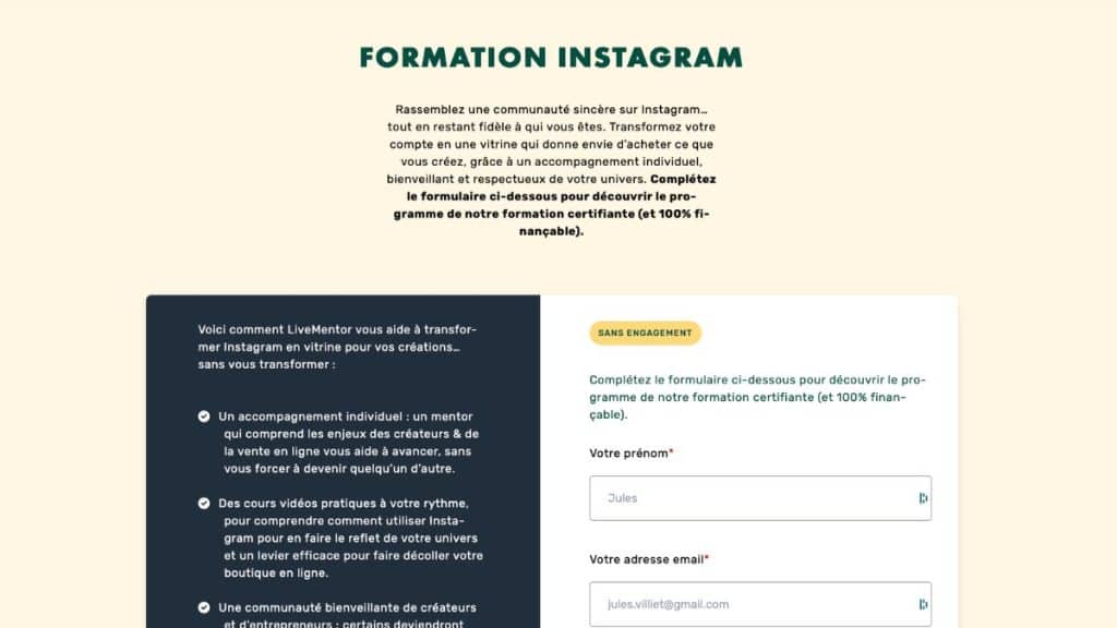 Formulaire d'inscription à la formation Instagram LiveMentor, 100% finançable et sans engagement