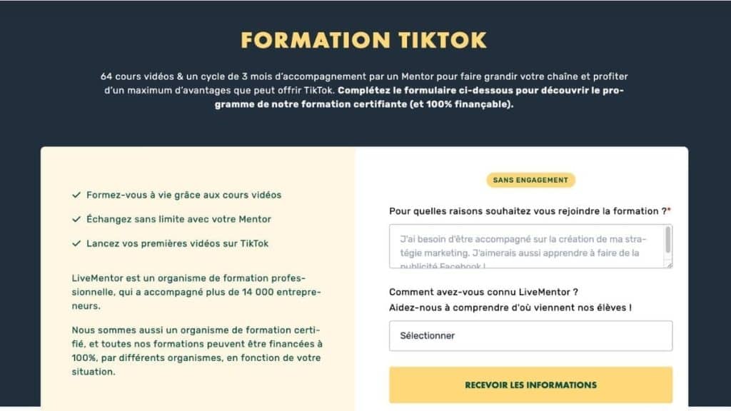 Formation TikTok LiveMentor avec 64 cours vidéo et 3 mois d’accompagnement par un mentor