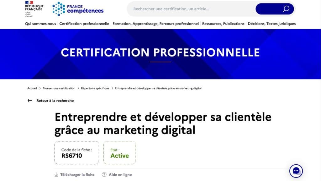 Site officiel France Compétences - certification RS6710