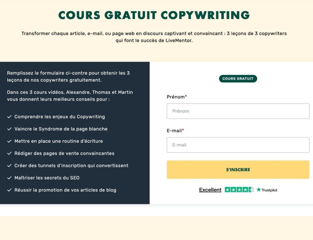 Page d'inscription livementor formation gratuite de copywriting pour apprendre à persuader et séduire par l'écrit, avec formulaire prénom et e-mail