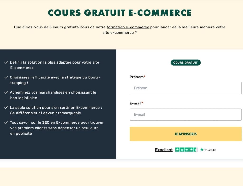 Page d'inscription au cours gratuit LiveMentor pour se lancer dans l'e-commerce, avec formulaire prénom et e-mail