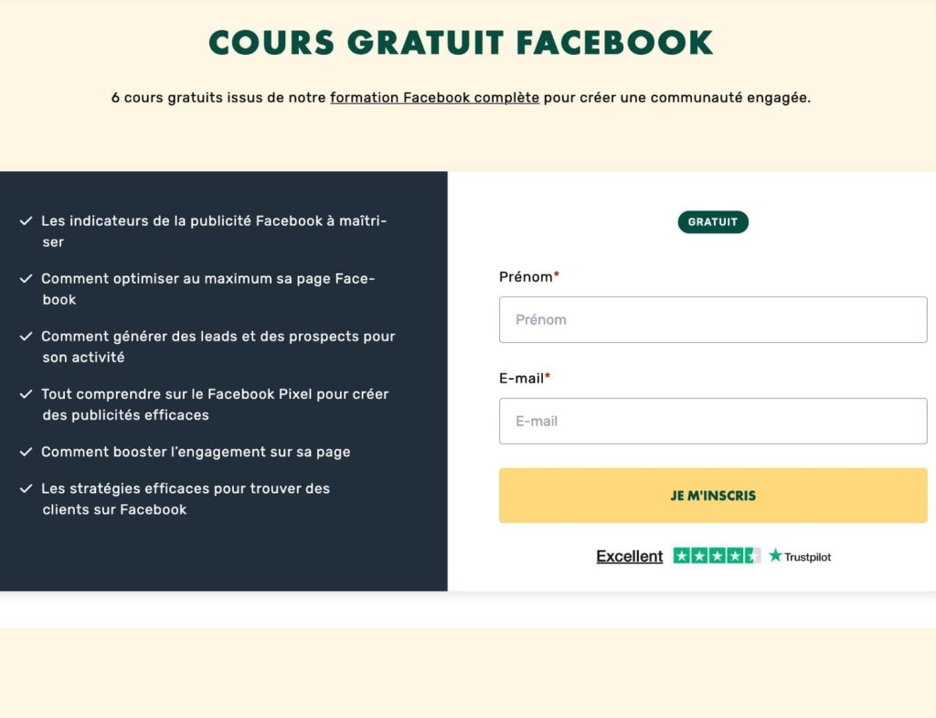 Page d'inscription livementor formation gratuite pour créer une communauté Facebook, avec formulaire prénom et e-mail