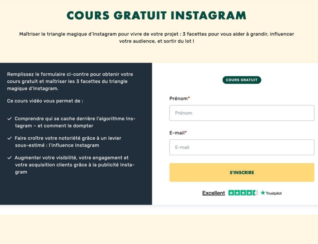 Page d'inscription au cours gratuit LiveMentor pour développer son compte Instagram de 0 à 10K abonnés, avec formulaire prénom et e-mail