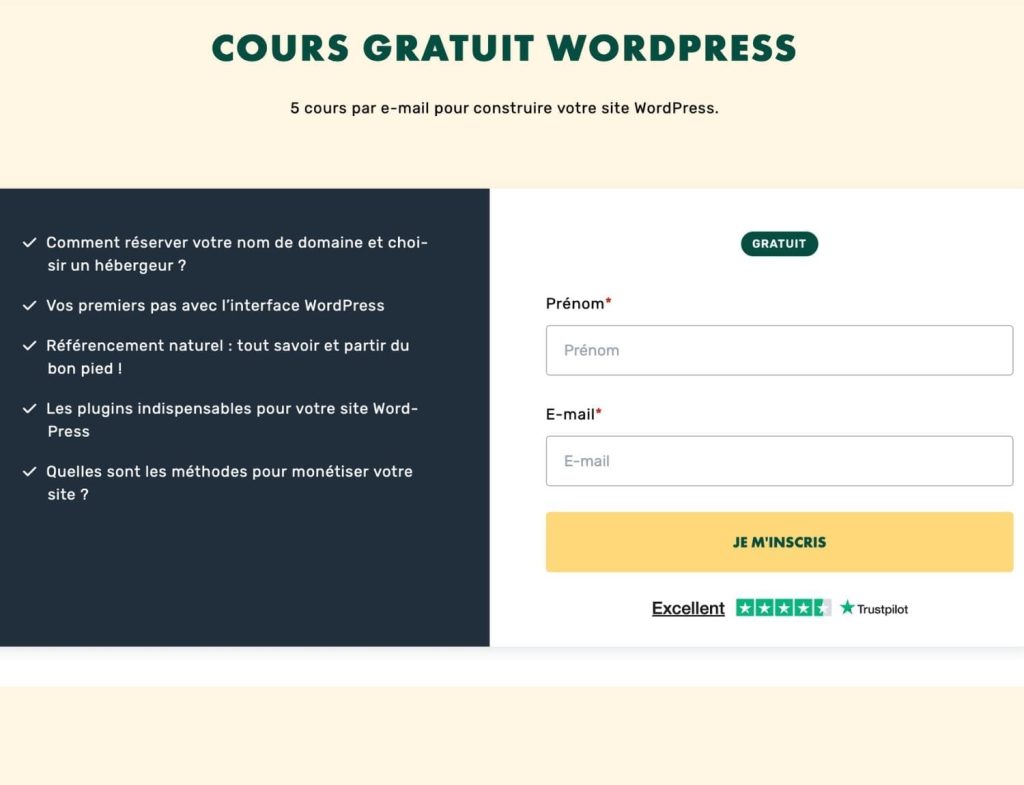 Page d'inscription au cours gratuit LiveMentor pour créer son site avec WordPress, avec formulaire prénom et e-mail