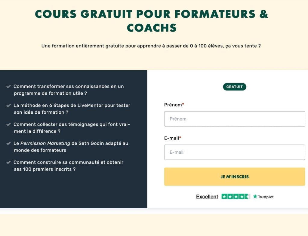 Page d'inscription au cours gratuit LiveMentor pour devenir formateur ou coach et obtenir ses 100 premiers élèves, avec formulaire prénom et e-mail