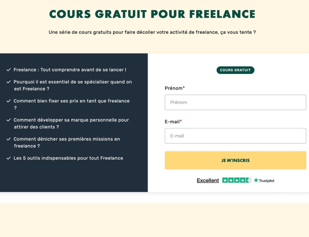 Page d'inscription à livementor formation gratuite pour faire décoller son activité de freelance, avec formulaire prénom et e-mail