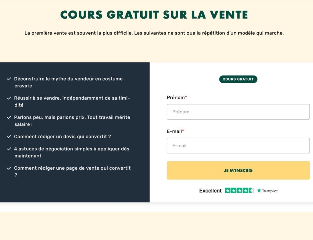 Page d'inscription au cours gratuit LiveMentor pour réaliser sa première vente, avec formulaire prénom et e-mail