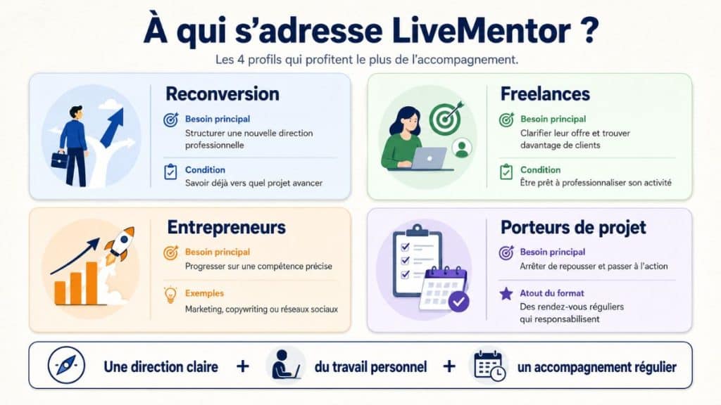 Infographie présentant les quatre profils qui profitent le plus de LiveMentor : personnes en reconversion, freelances, entrepreneurs et porteurs de projet.