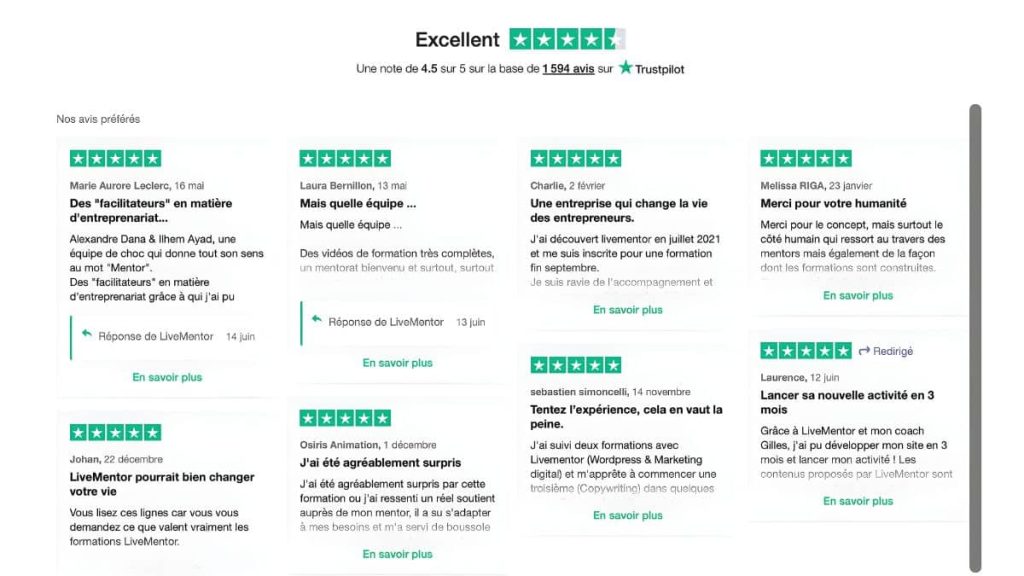 Page Trustpilot de LiveMentor, note de 4,5 sur 5 basée sur 1 594 avis vérifiés
