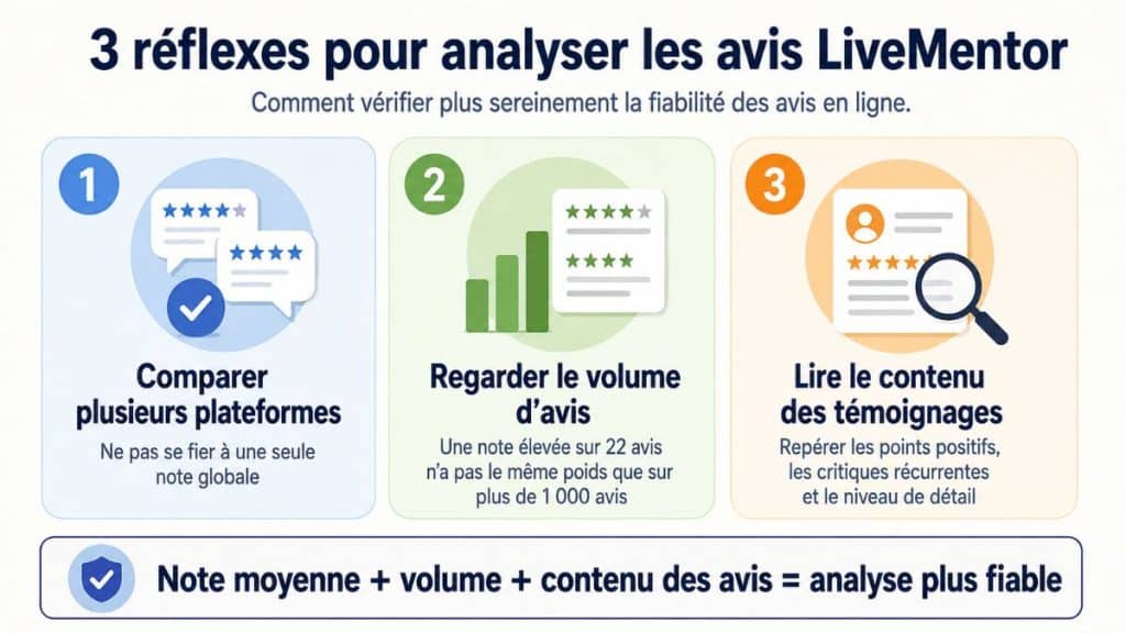Infographie comparant les avis sur LiveMentor disponibles sur Trustpilot, Google, TopFormation, Reddit et les forums.