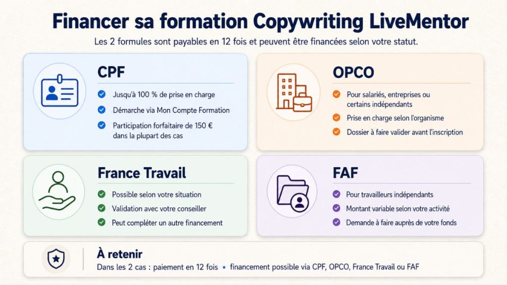 Solutions pour financer la formation Copywriting LiveMentor avec le CPF, l’OPCO, France Travail ou le FAF