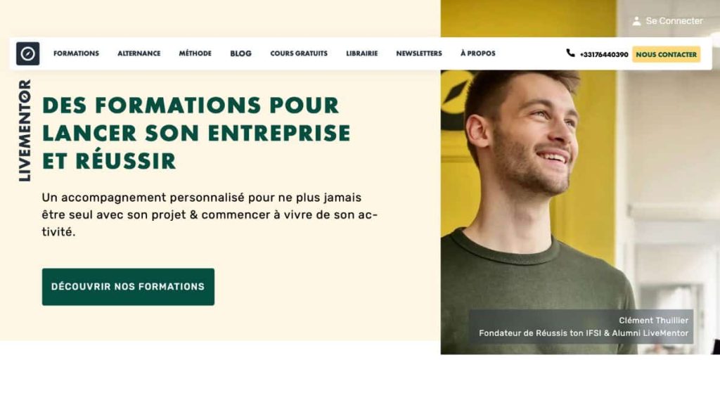 Page d'accueil du site officiel LiveMentor, formations pour lancer son entreprise