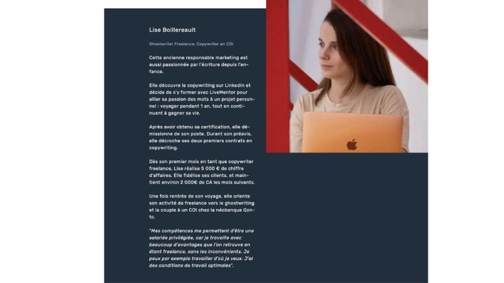 témoignage lise boillereault copywriter freelance livementor