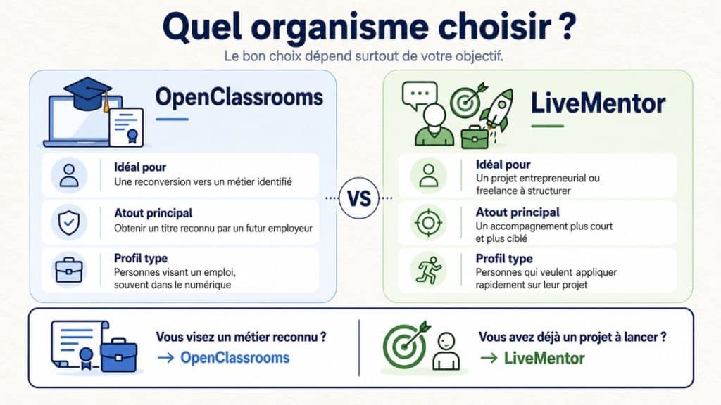 Infographie comparant LiveMentor et OpenClassrooms selon l’objectif professionnel, la reconnaissance des formations et le type d’accompagnement.
