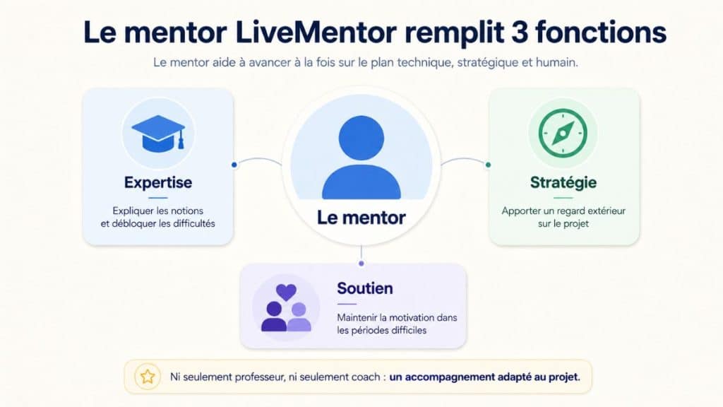 Infographie expliquant les trois fonctions du mentor LiveMentor : expertise, accompagnement stratégique et soutien à la motivation.