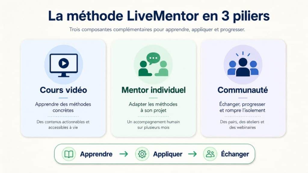 Infographie présentant les trois piliers de la méthode LiveMentor : cours vidéo, mentor individuel et communauté d’entrepreneurs.