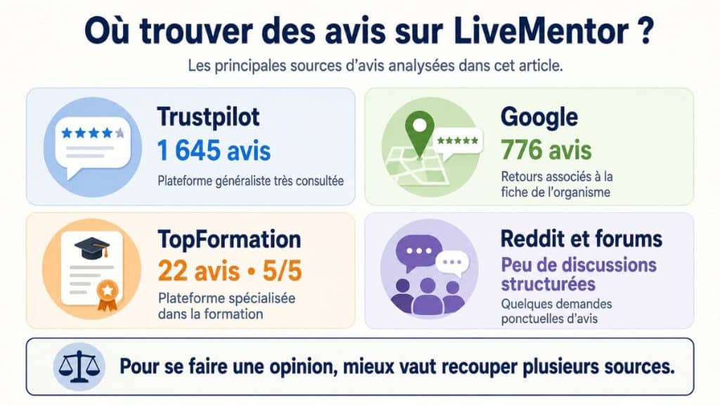 Infographie présentant trois critères pour analyser les avis LiveMentor : comparer les plateformes, vérifier le volume et lire les témoignages.