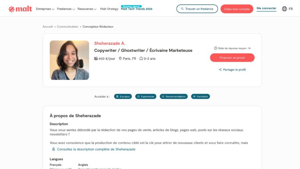 Profil Malt de Sheherazade A., copywriter et ghostwriter à Paris