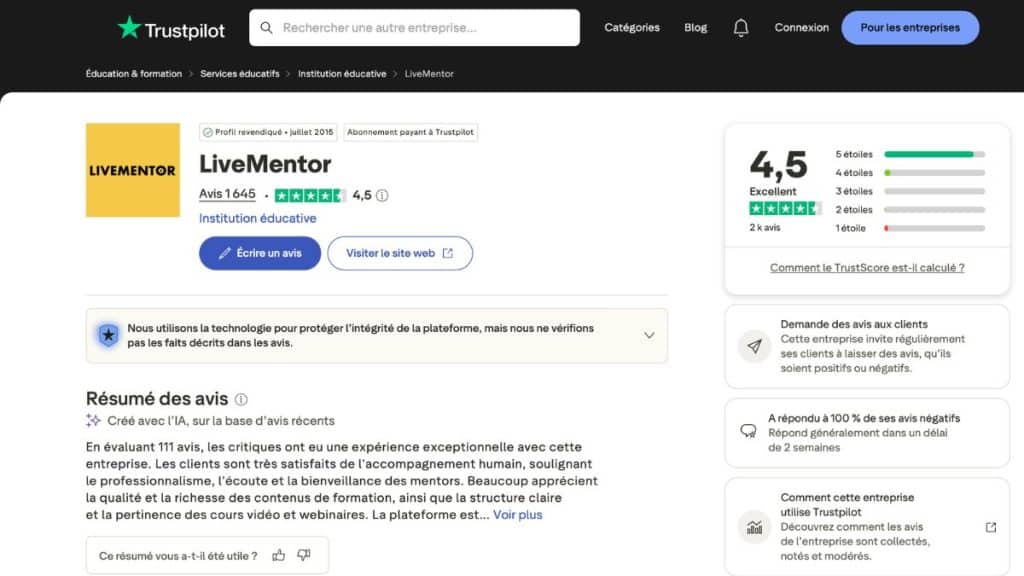Note Trustpilot LiveMentor : 4,5/5 sur 1 645 avis vérifiés, mention Excellent