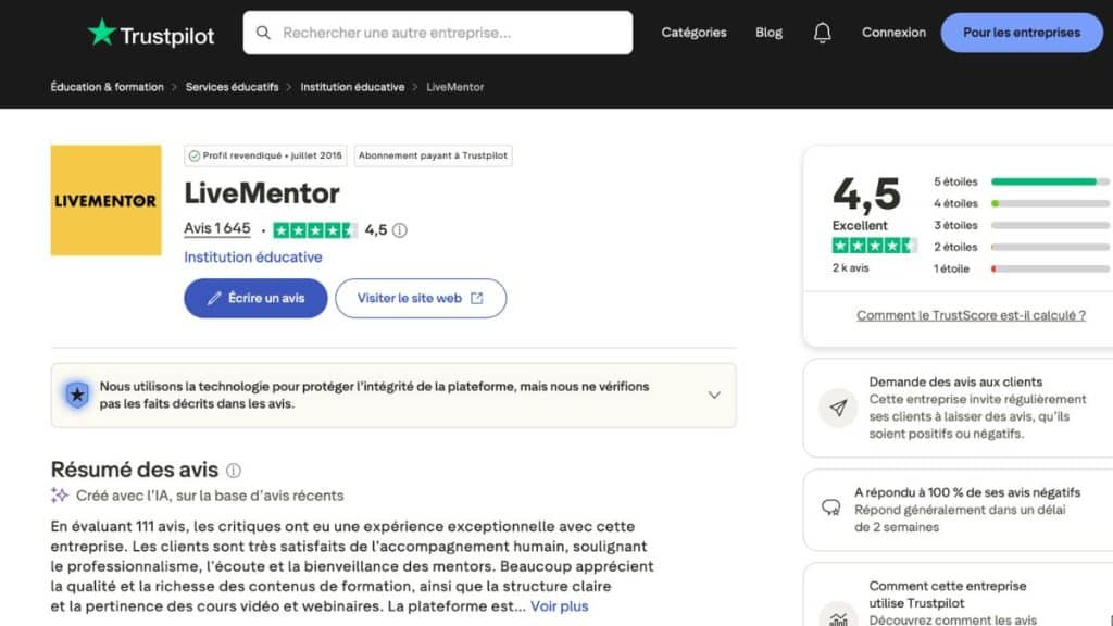 trustpilot livementor note 4,5 avis
