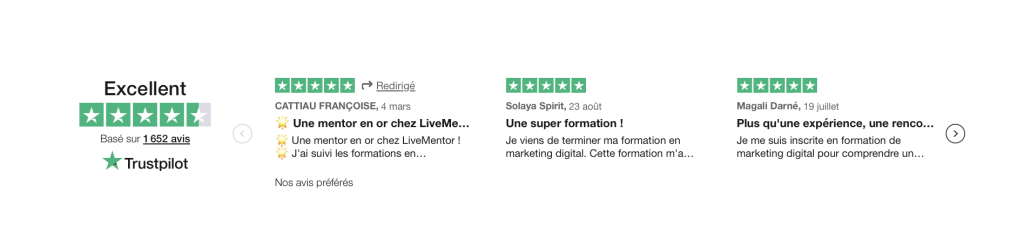 Avis Trustpilot LiveMentor, note Excellent basée sur 1 652 avis clients