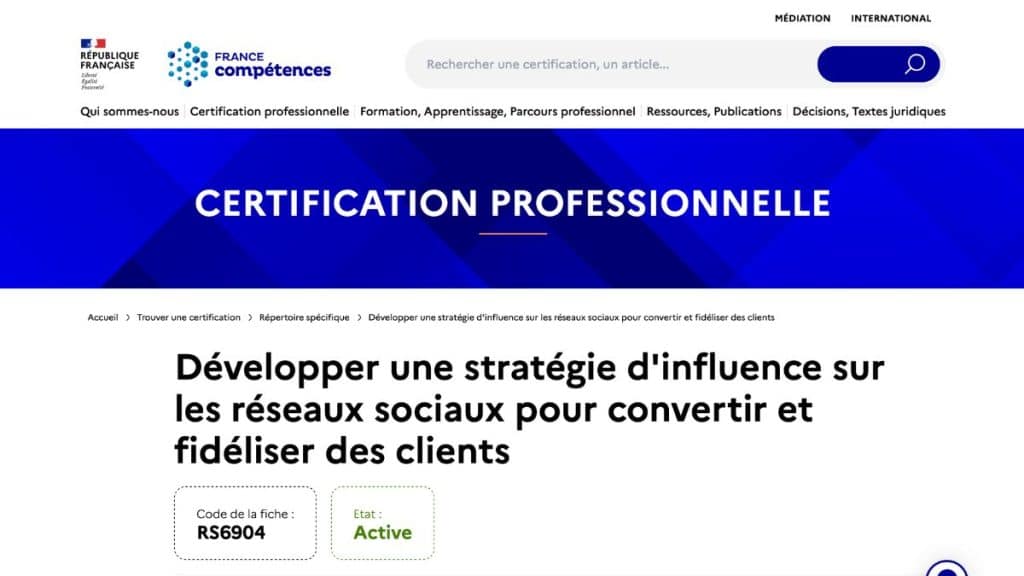 fiche certification RS6904 réseaux sociaux France Compétences