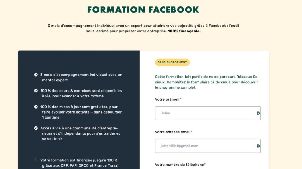 Formulaire d'inscription à la formation Facebook LiveMentor, 100% finançable et sans engagement