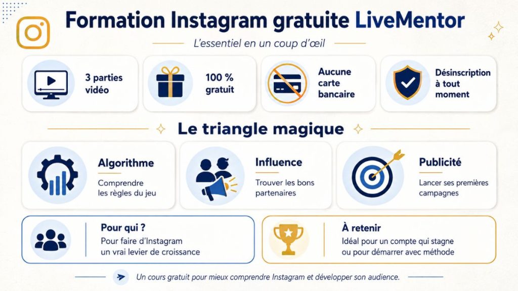 Infographie de la formation Instagram gratuite LiveMentor avec 3 parties sur l’algorithme, l’influence et la publicité Instagram