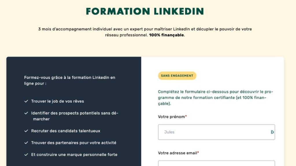 Page officielle de la formation LinkedIn LiveMentor avec formulaire d'inscription