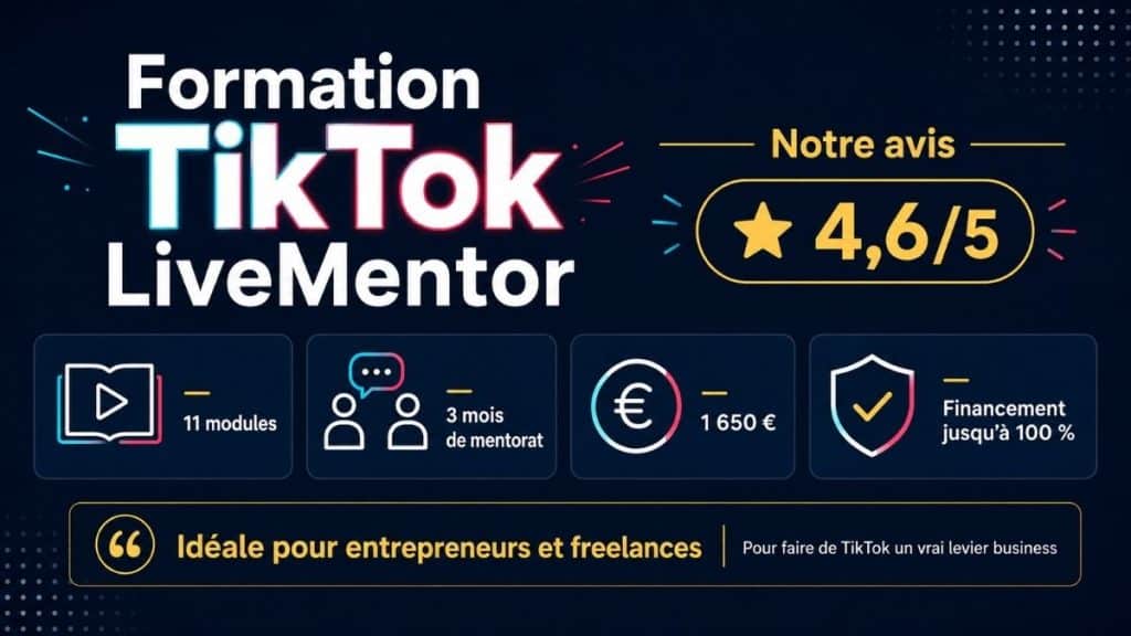 Infographie avis formation TikTok LiveMentor avec note 4,6 sur 5, 11 modules, 3 mois de mentorat et financement jusqu’à 100 %