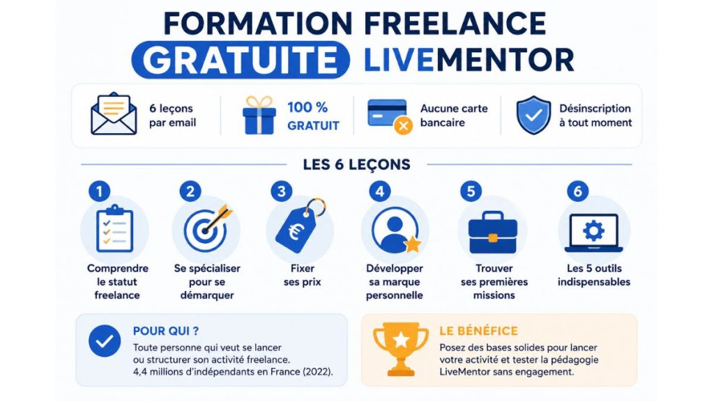 Infographie de la formation freelance gratuite LiveMentor avec 6 leçons par email sur le statut, la spécialisation, les prix, la marque personnelle, les missions et les outils indispensables