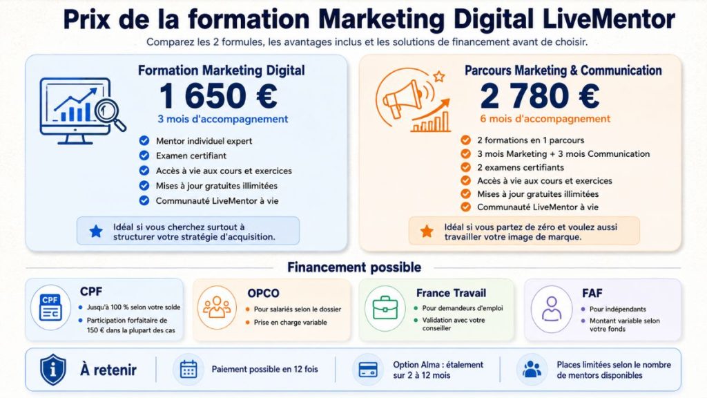 Comparatif des prix de la formation Marketing Digital LiveMentor à 1 650 € et du Parcours Marketing et Communication à 2 780 €, avec financements CPF, OPCO, France Travail et FAF