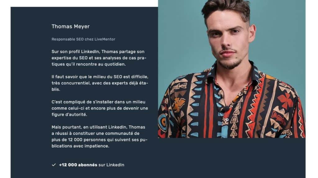 Thomas Meyer, responsable SEO chez LiveMentor, partage son expertise sur LinkedIn avec plus de 12 000 abonnés