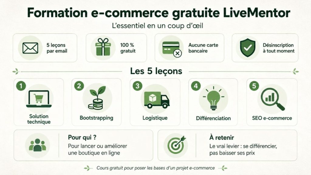 Infographie de la formation e-commerce gratuite LiveMentor avec 5 leçons sur la solution technique, le bootstrapping, la logistique, la différenciation et le SEO